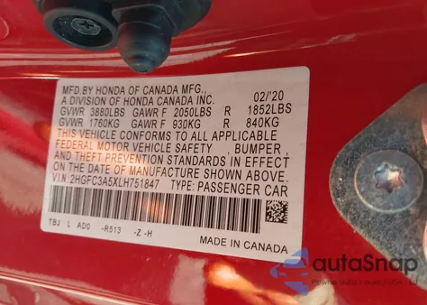 2020 Honda Civic Si Coupe из США, поврежденный, VIN 2HGFC3A5XLH751847